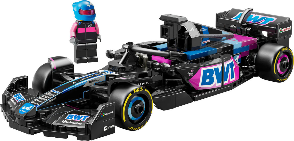 Speed BWT Alpine F1 Team A524 LEGO model with detailed cockpit, sponsor logos, and driver minifigure in racing outfit.