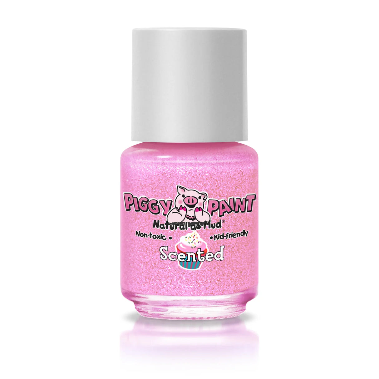 Nail Polish Scented Cupcake Cutie glitter light pink bottle with vanilla cake scent and kid-friendly formula.