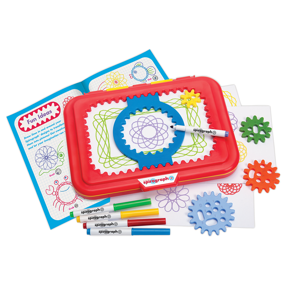Spirograph Original Jr design set with jumbo gears, washable markers, design paper, and drawing tablet workspace.