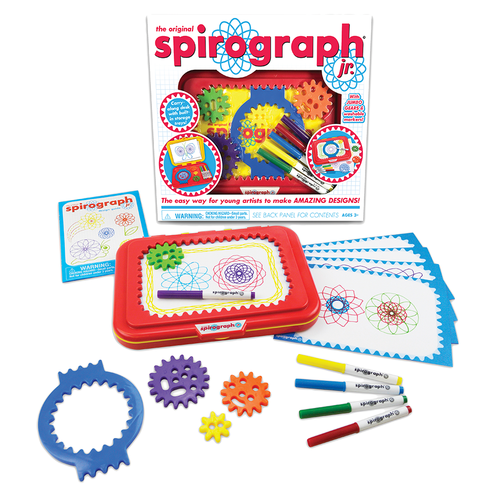Spirograph Original Jr design set with jumbo gears, markers, drawing tablet, and colorful design papers for kids ages 3+.