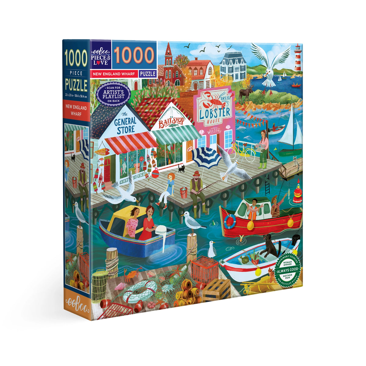 1000pc New England Wharf Puzzle featuring a colorful seaside harbor scene