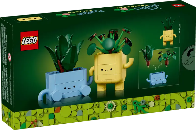 LEGO Botanicals Happy Plants set featuring a baby dracaena and pilea plant with cheerful blue and yellow pots.
