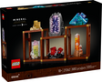 LEGO Ideas Mineral Collection with buildable pyrite, amethyst, fluorite, tourmaline, rhodochrosite, and quartz crystals on shelves