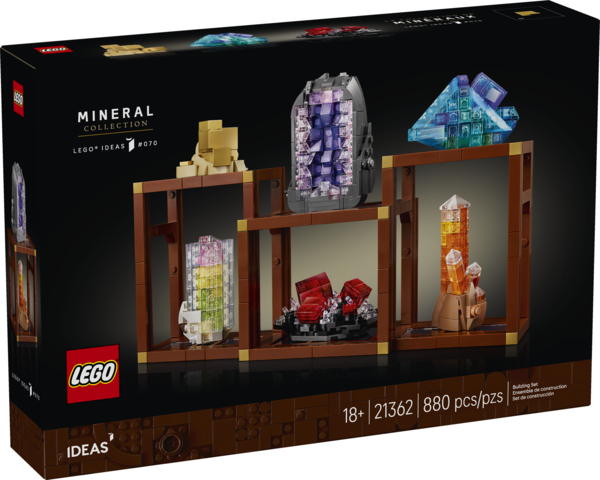 LEGO Ideas Mineral Collection with buildable pyrite, amethyst, fluorite, tourmaline, rhodochrosite, and quartz crystals on shelves