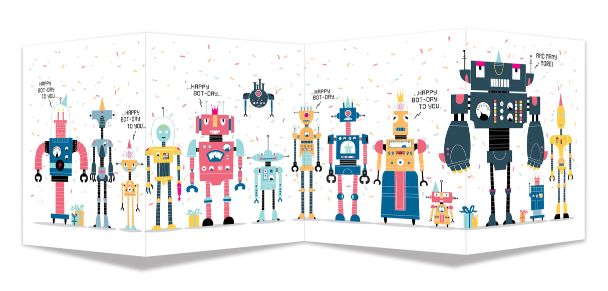 Colorful quad-fold birthday card featuring various friendly robots and confetti with "Happy Bot-day" greeting messages