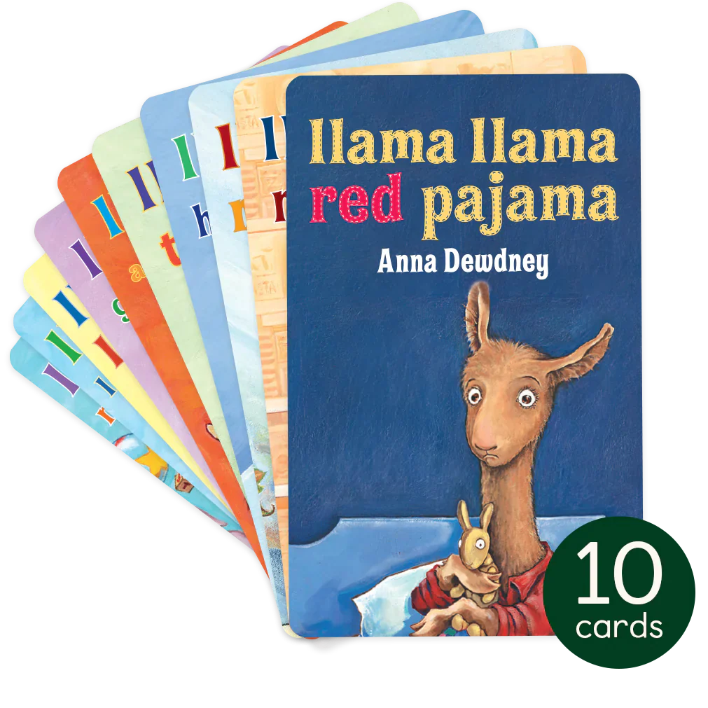 Stack of ten colorful Yoto Cards featuring the Llama Llama book collection with the title Llama Llama red pajama visible