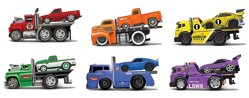 Six colorful muscle transport trucks carrying matching themed cars in 1:64 scale with anniversary details