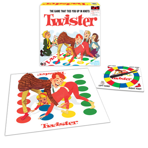 Vintage Twister game set including colorful vinyl mat, spinner, and box with playful characters in classic poses