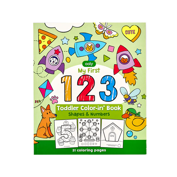 Color-In' Book My First 123 with cute animals and shapes for toddlers to learn numbers and coloring fun.