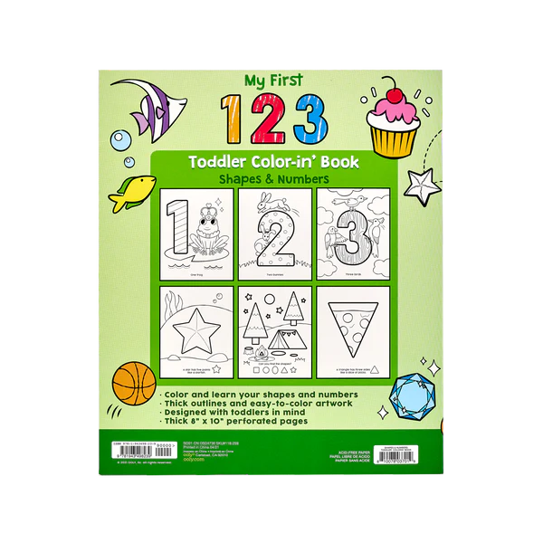Color-In' Book My First 123 with thick outlines and perforated pages for toddler learning of shapes and numbers.