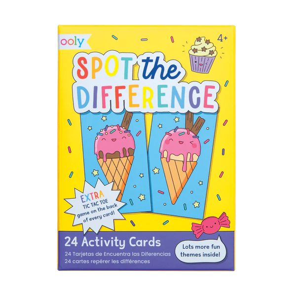 Activity Cards Spot the Difference pack featuring colorful ice cream cones and tic-tac-toe games on a bright yellow box.