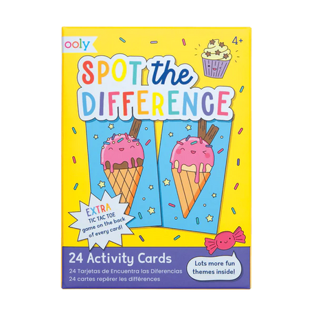 Activity Cards Spot the Difference pack featuring colorful ice cream cones and tic-tac-toe games on a bright yellow box.