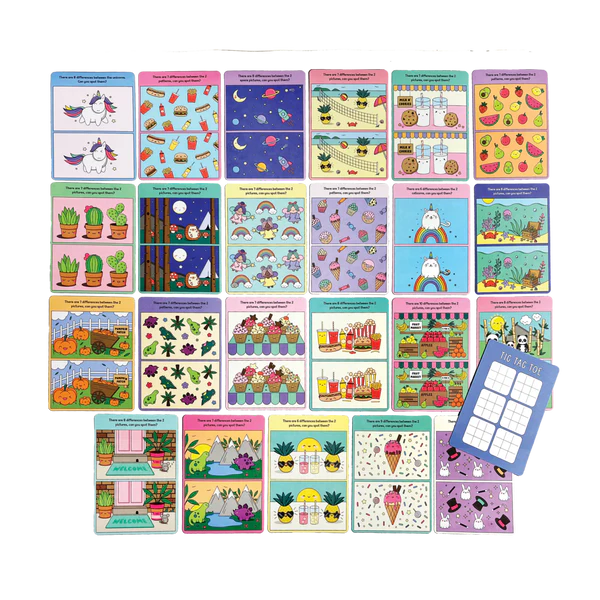Activity Cards Spot the Difference showing colorful difference puzzles with tic-tac-toe games on back for kids 4+