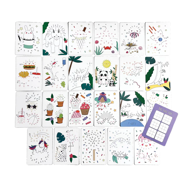 Activity Cards Connect Dots featuring 24 numbered trails with fun designs and tic tac toe game on the back.