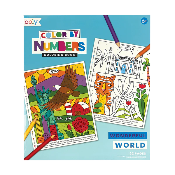 Color by Numbers Wonderful World Coloring Book with Statue of Liberty and Taj Mahal illustrations for kids ages 6 and up.