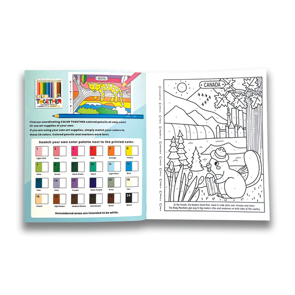 Color by Numbers Wonderful World Coloring Book open to color guide and Canada page with numbered illustrations for kids.