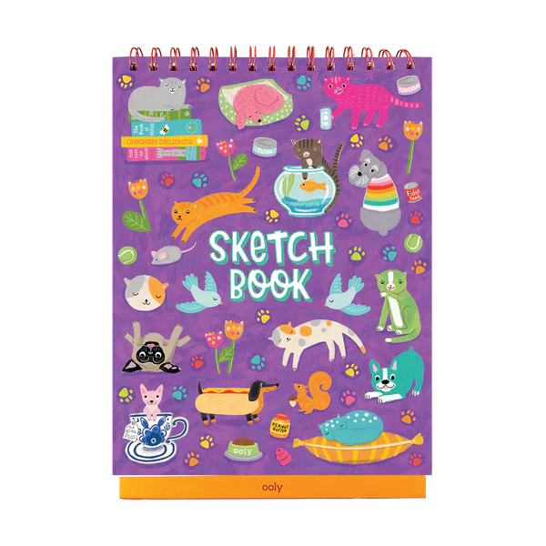 Sketchbook Pets at Play with colorful pets playing, sparkly purple cover, and spiral-bound drawing pad stand.
