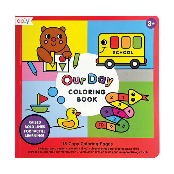 Our Day Coloring Book with raised outlines and simple illustrations for tactile learning and creative fun for kids 3 and up.