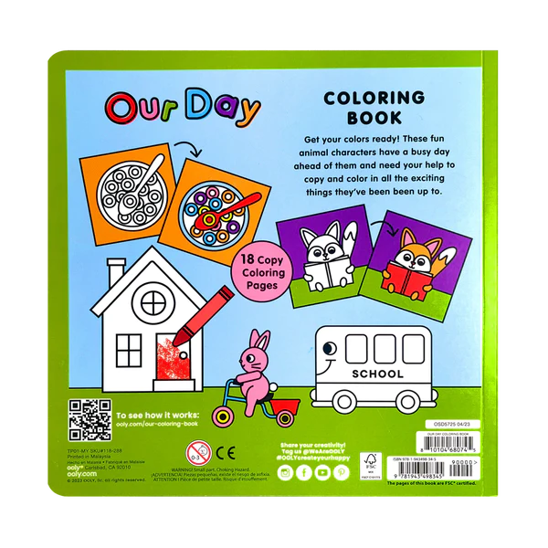 Our Day Coloring Book with 18 copy coloring pages featuring simple illustrations and raised outlines for kids ages 3 and up.