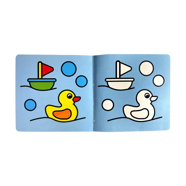 Our Day Coloring Book showing simple outlined boat and duck illustrations with color guides for kids.