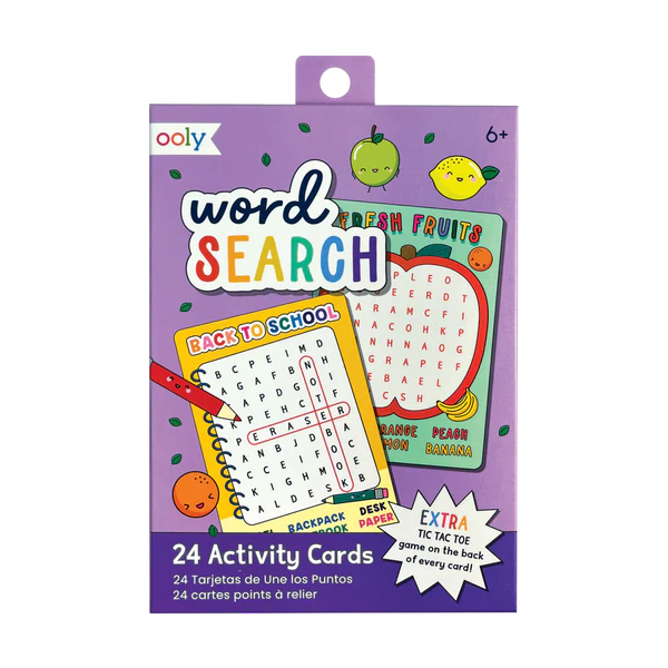 Activity Cards Word Search pack with 24 themed word search cards and tic-tac-toe games for kids 6 and up.