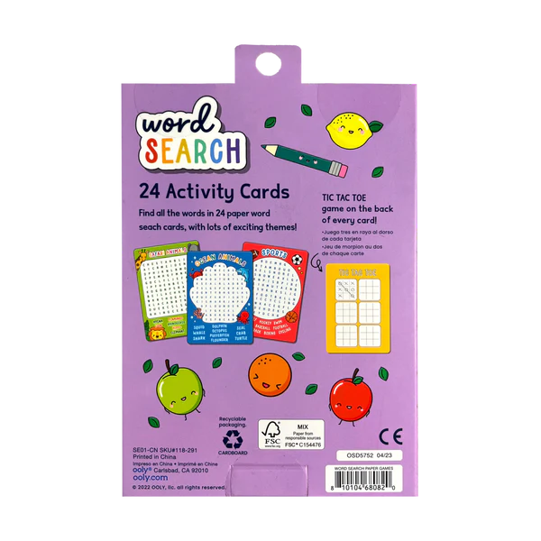Back of the Activity Cards Word Search pack showing card themes and tic-tac-toe games on a purple background.