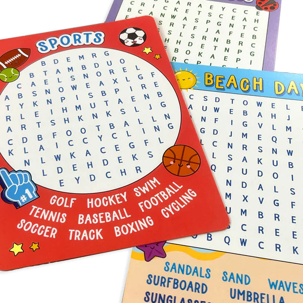 Activity Cards Word Search with sports, beach day, and reptile themes, compact for travel and fun word puzzles.