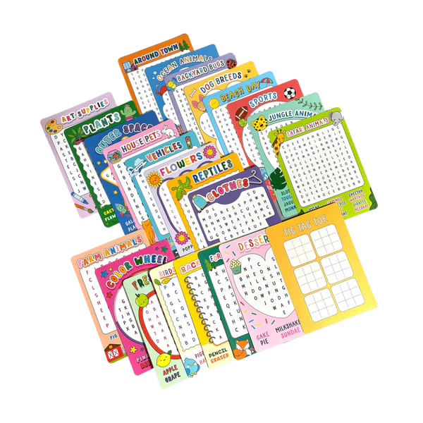 Activity Cards Word Search with 24 themed word search cards and tic-tac-toe games on the back for kids ages 6 and up.