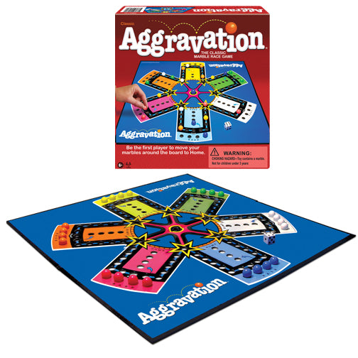 Aggravation board game set up with colorful marbles and classic race gameboard ready for 2 to 6 players.