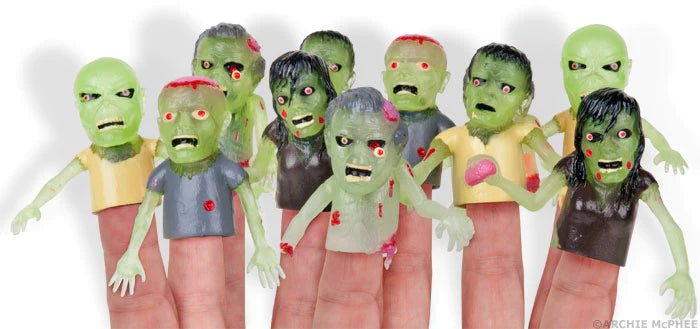 Finger Zombie glow-in-the-dark rubber finger puppets featuring exposed brains and gruesome wounds in five styles.