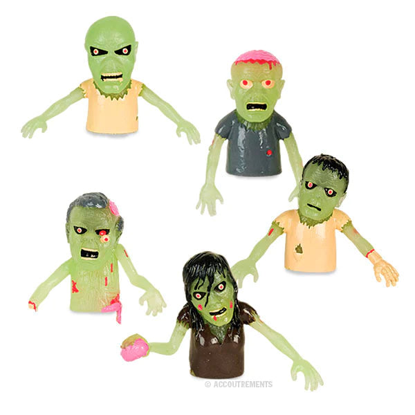 Five different glow-in-the-dark Finger Zombie puppets with exposed brains and grievous wounds in various poses.