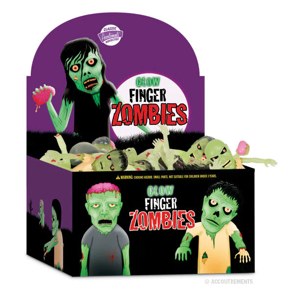 Display box of Finger Zombie glow-in-the-dark finger puppets with exposed brains and wounds in various styles.