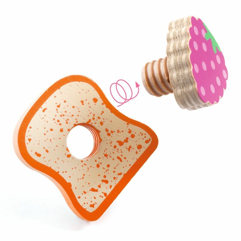 Kitten's Breakfast wooden toy with a screw-on strawberry jam piece and toast, perfect for pretend play.