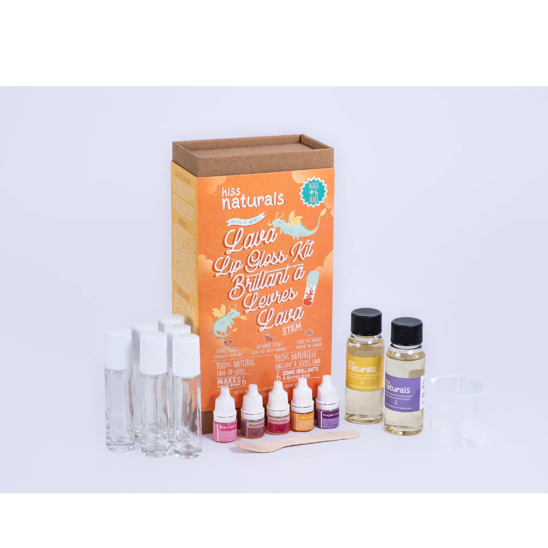DIY Lava Lip Gloss Kit with natural oils, colors, flavors, empty tubes, wooden spatula, and packaging on a white background.