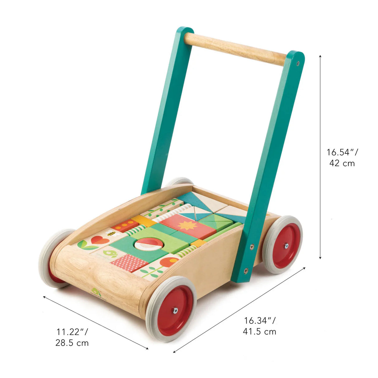 Baby Block Walker wooden toddler push toy with garden-themed blocks to encourage balance and creative play.
