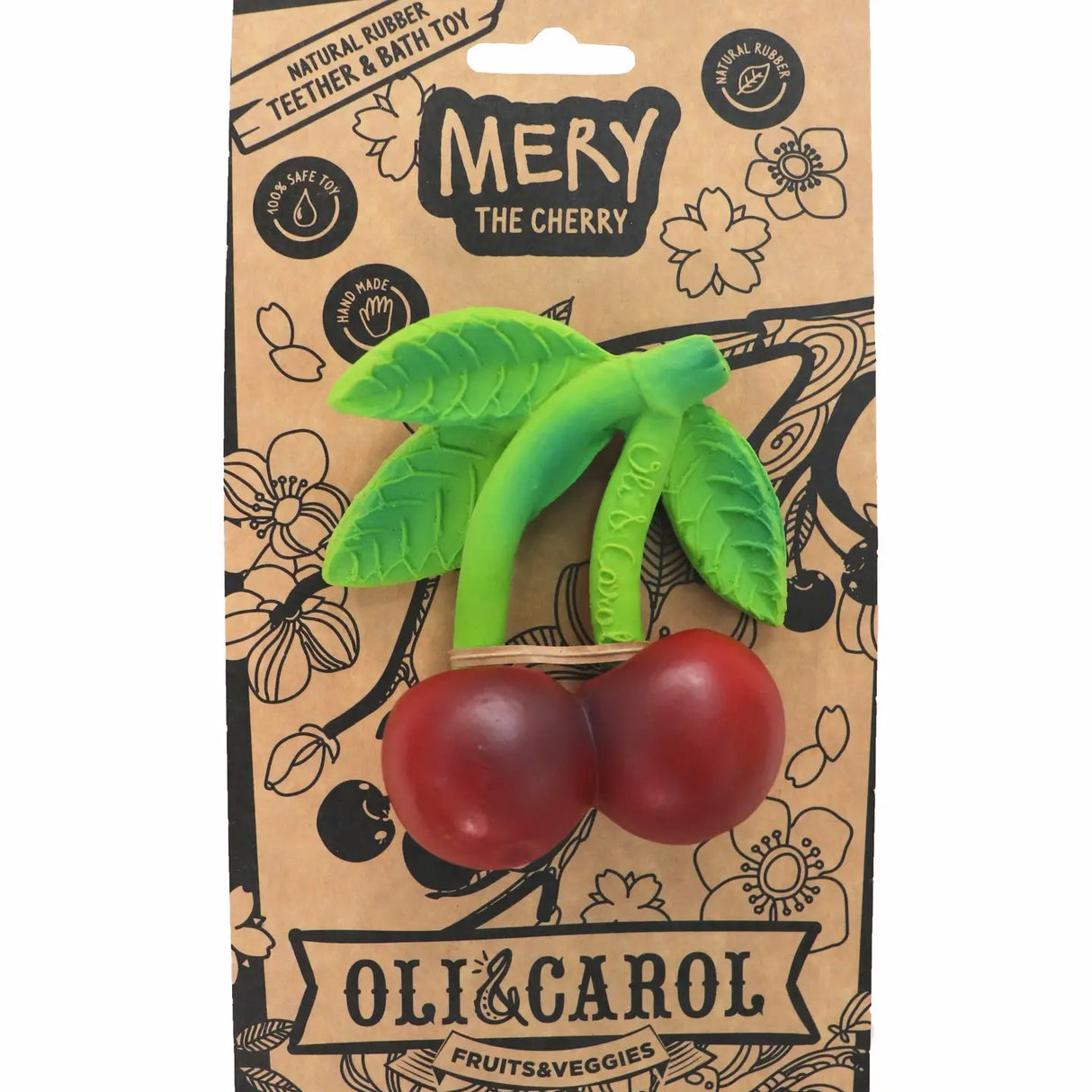 Natural rubber cherry-shaped baby teether with green leaves, safe and soft for soothing teething gums.