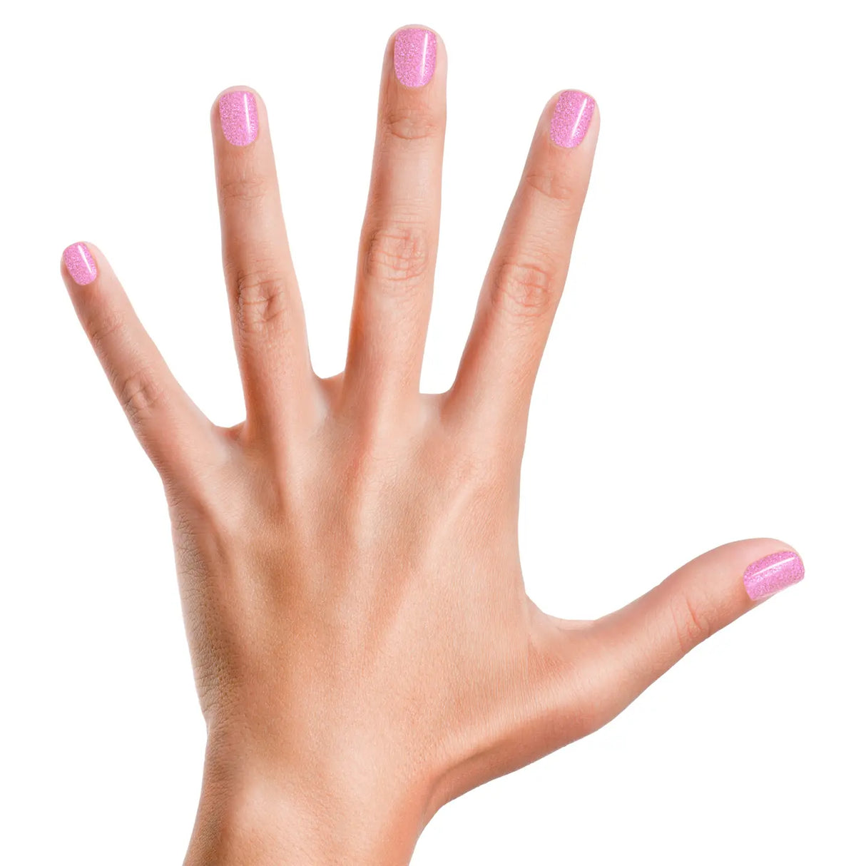 Hand with nails painted in vibrant, durable pink polish showcasing Nail Polish Tickled Pink, a cruelty-free, water-based formula.