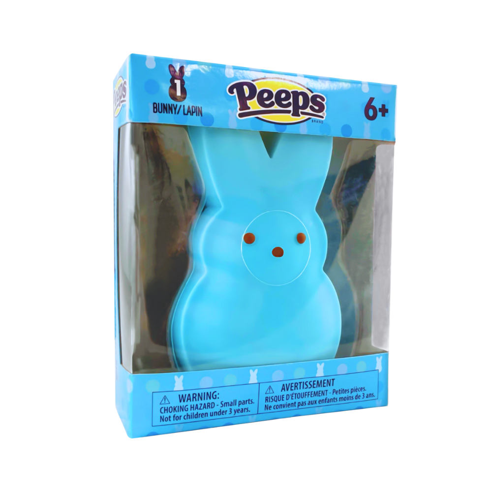 Peeps Bunny Squishy in blue packaging, a soft Easter-themed stress-relief toy for kids ages 6 and up.