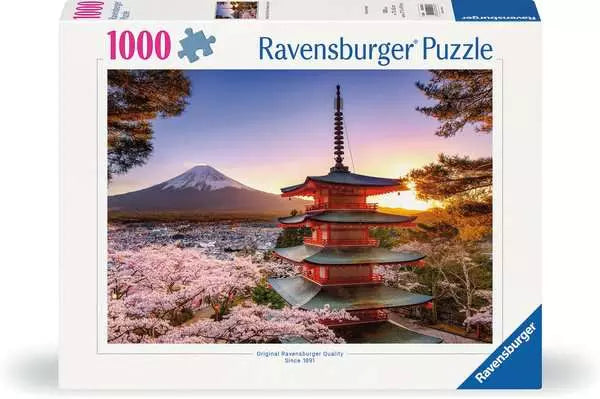 Scenic puzzle image featuring a red pagoda with cherry blossoms and Mount Fuji at sunset sky background