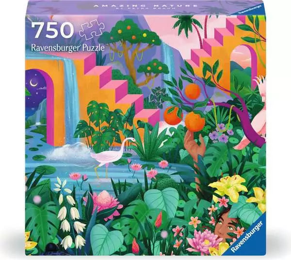 750pc Amazing Nature Puzzle box showing a vibrant tropical garden with waterfalls, plants, flowers, and pink stairs