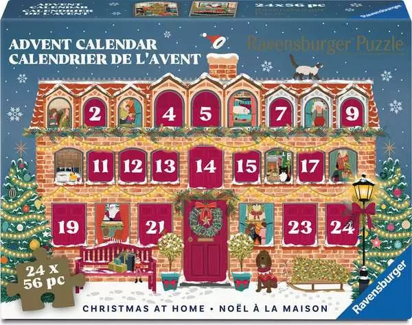Puzzle Advent Calendar 2026 featuring a festive Christmas house with numbered doors and 24 jigsaw puzzles