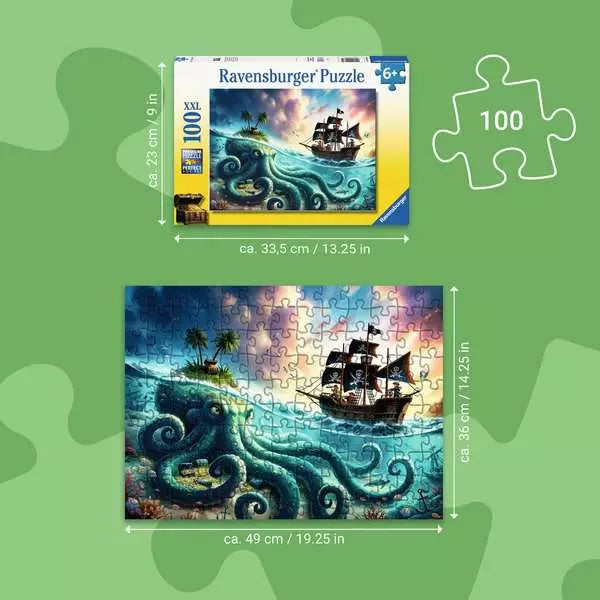 100pc Pirate Treasure Puzzle featuring a pirate ship and sea monster on an ocean scene