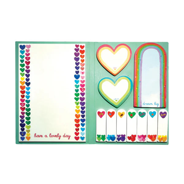 Rainbow Hearts Sticky Tabs set with colorful heart and rainbow designs on sticky notes and tabs for organization.