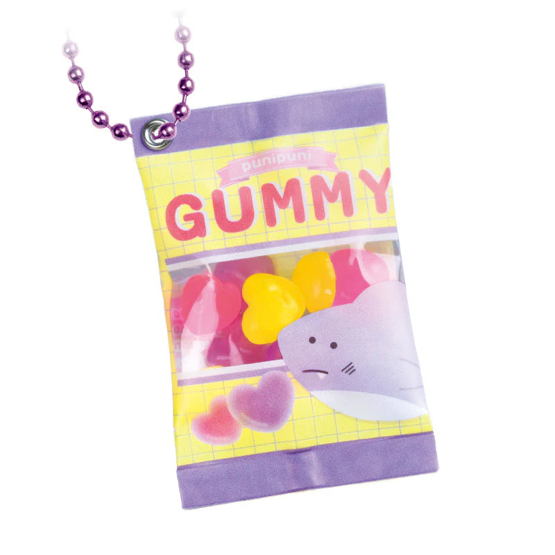 Gummy Shark Keychain showing a small, colorful gummy bag toy with a shark design and purple ball chain attachment
