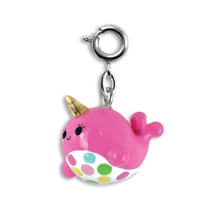 Pink Narwhal Charm with glitter enamel, 3D design, and colorful polka dots, perfect for bracelets or necklaces.