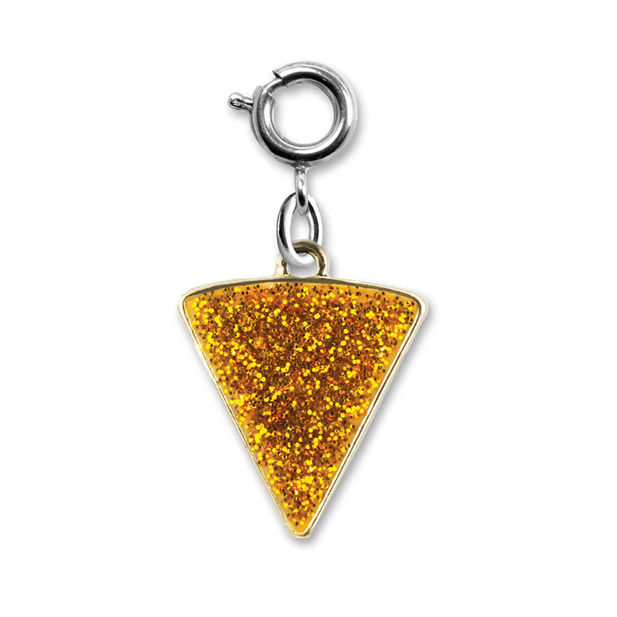 Glitter Pizza Charm featuring a sparkling golden enamel slice with pepperoni detail and silver base metal clasp