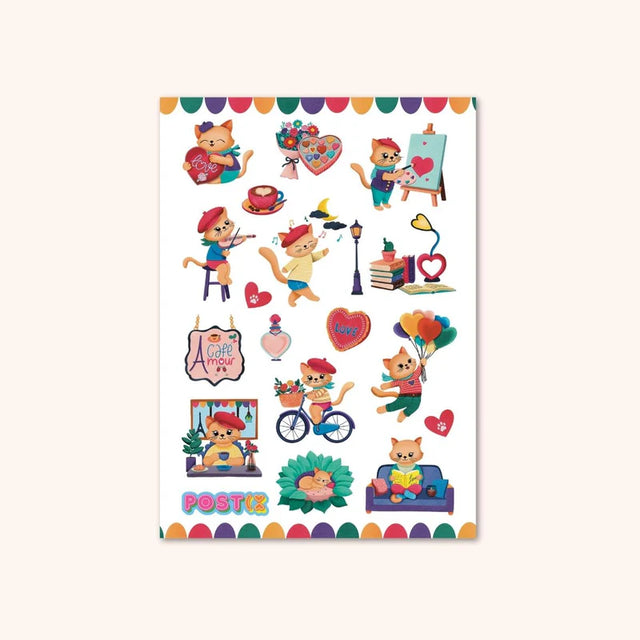 4.25" x 5.8" sheet of 17 stickers featuring cats doing different activities in Paris.