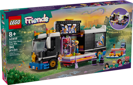 LEGO Friends Pop Star Music Tour Bus with stage, instruments, and four characters for imaginative play.