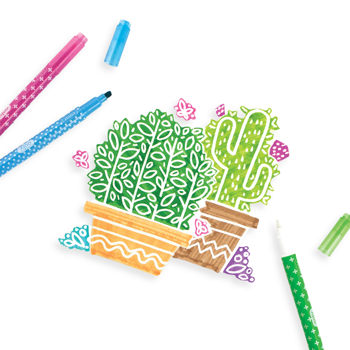 Make No Mistake Erasable Markers coloring cacti illustration with pink, blue, and green double-sided markers on white background.