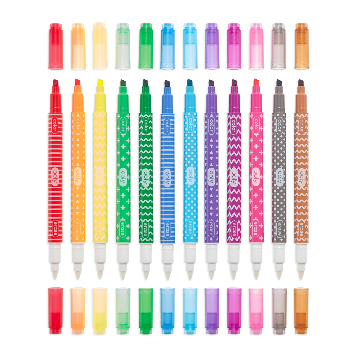 Make No Mistake Erasable Markers set showing twelve double-sided colorful markers with erasers and chisel tips.